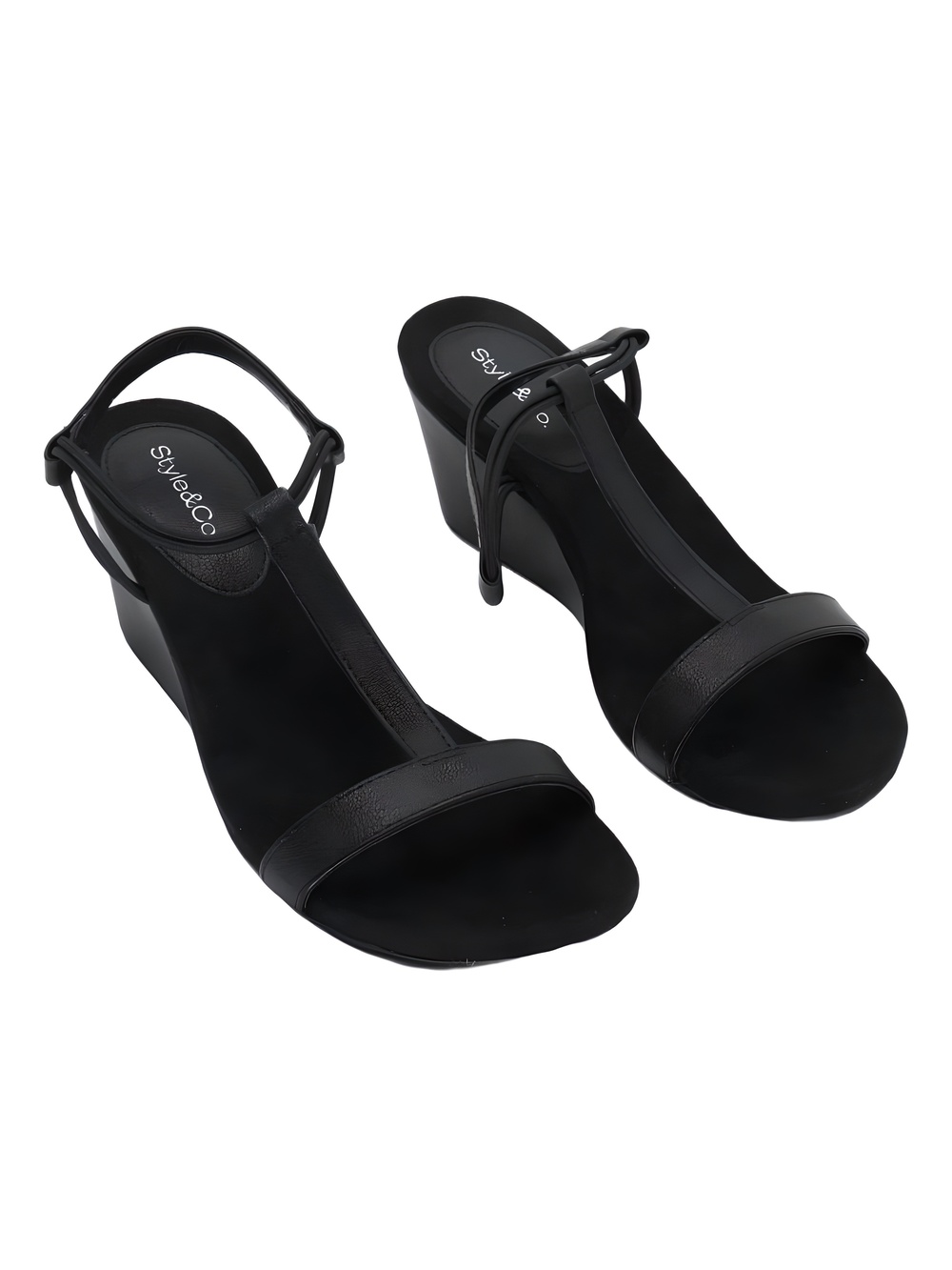Style & Co Mulan T-Strap Wedge Sandals Black Pebble Size 7.5M